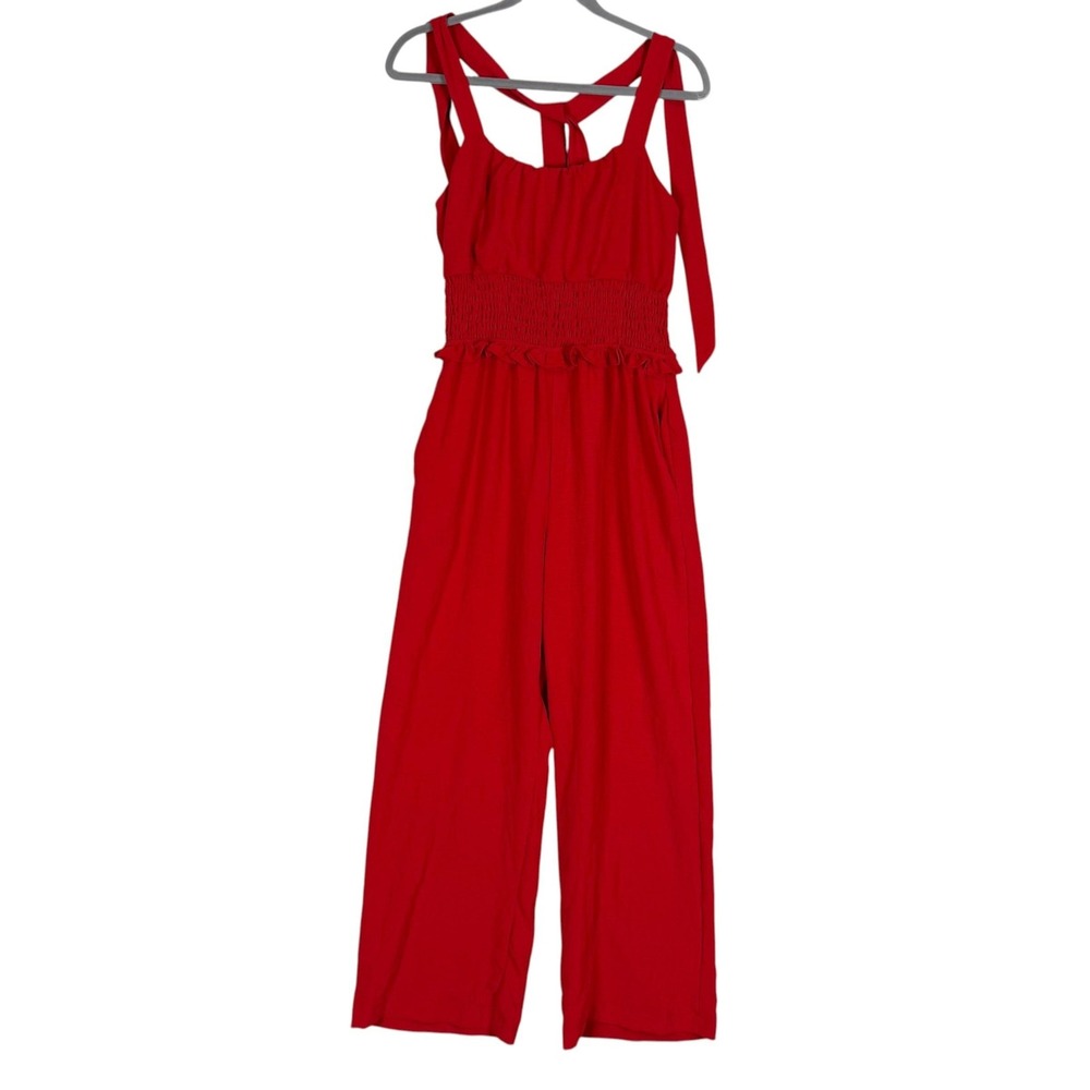 Monteau Jumpsuit Juniors Medium Red Sleeveless Scoop Neck Smocked Waist Wide Leg